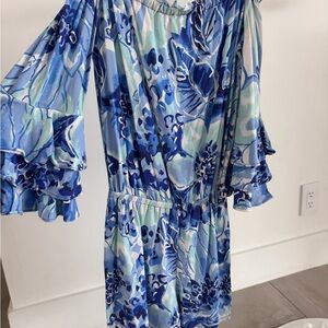 Lilly Pulitzer Pink Logo Tag on Blue Floral (open shoulder romper)